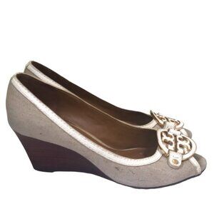 Tory Burch Amanda Open Toe Wedge Canvas Leather Neutral Burlap Heels Platform 10